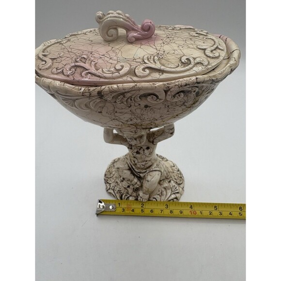 Vtg Possible Dreams Cherub Compote Candy Dish W/ Lid Crackle Glaze Pink Accents - Picture 10 of 14